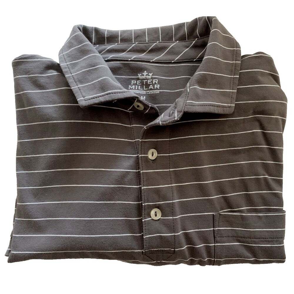 Peter Millar Polo Shirt Sz Medium RBM Mountainside Brown Striped Short Sleeve